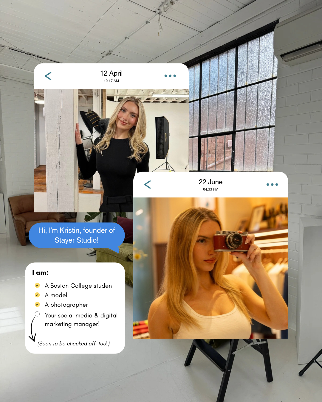 Kristin, founder of Stayer Studio, poses in a bright photo studio and takes a mirror selfie with a professional camera.